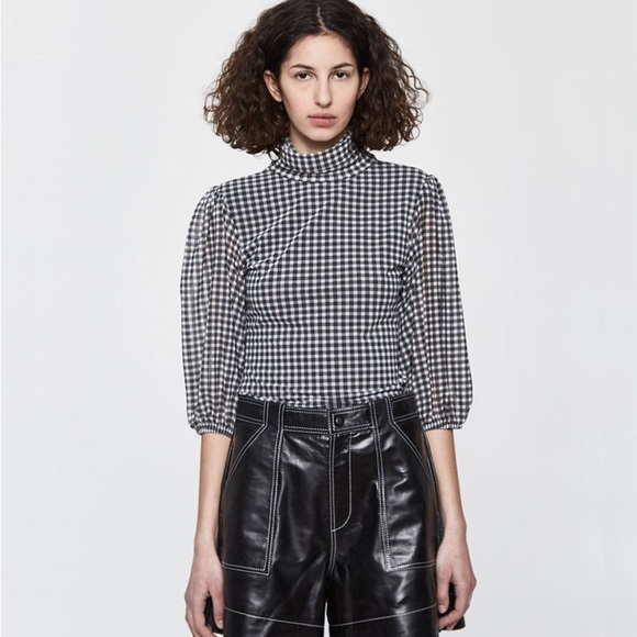 Ganni Tops - GANNI Mesh Check Puff Sleeve Top